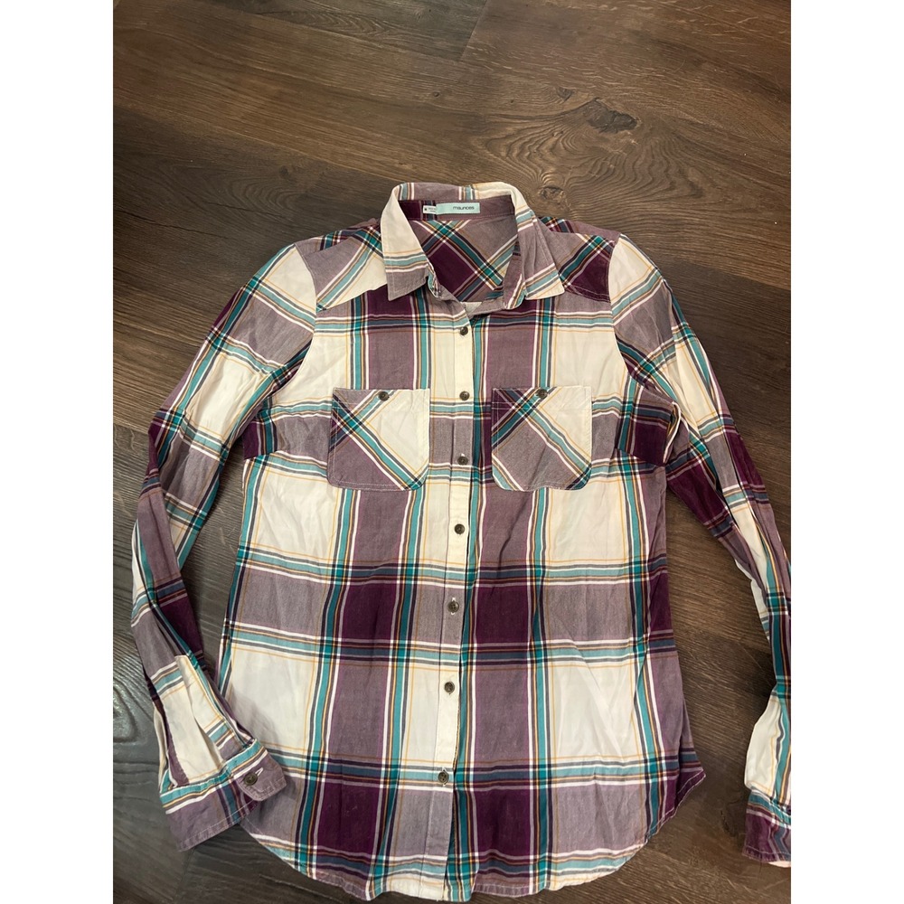 Maurices Womens‎ Purple Plaid Button Down Shirt Long Sleeve Rayon Cotton Size M